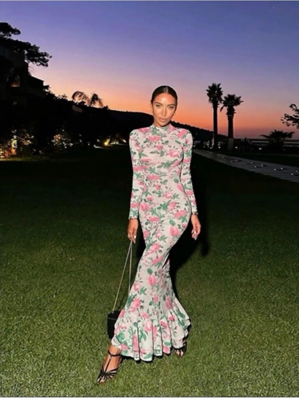 Pink and Green Bodycon Floral Mock Neck Maxi Dress With bottom Ruffle.